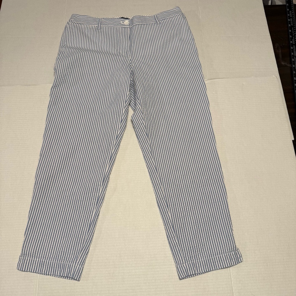 Talbots Perfect Crop Pants Womens Size 6 Blue White Stripe Seersucker Stretch